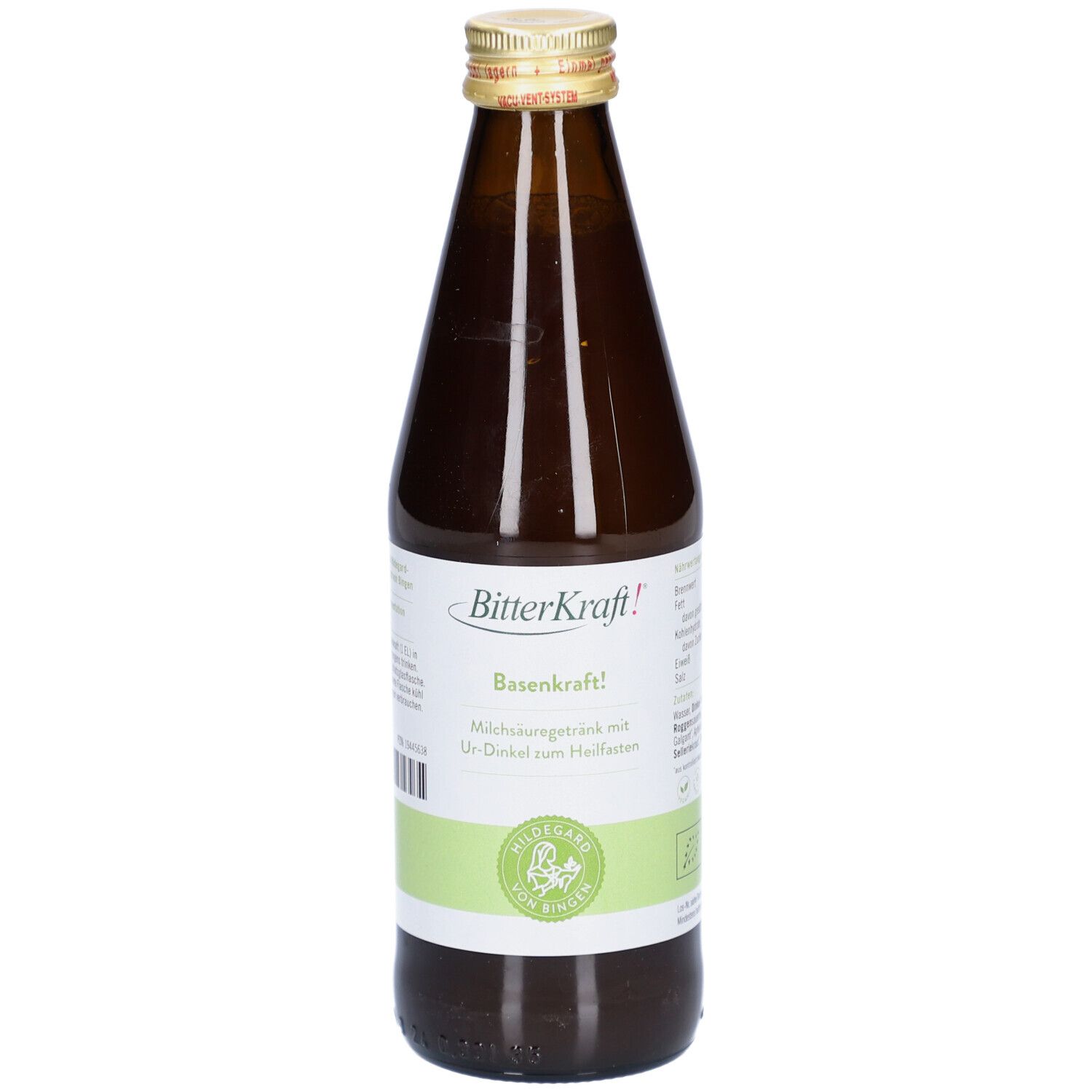Braune Glasflasche mit goldfarbenem Deckel. Aufschrift: BitterKraft! BasenKraft! Milchsäuregetränk mit Ur-Dinkel zum Halmen.