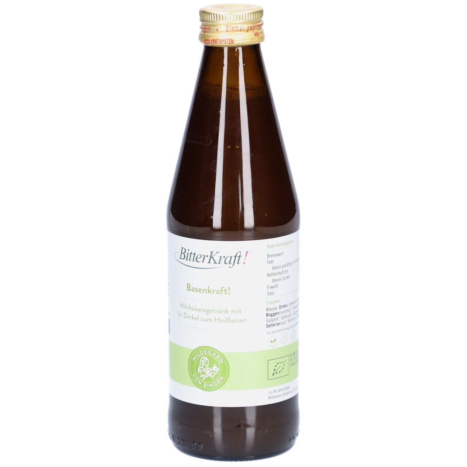 Braune Glasflasche mit goldfarbenem Deckel. Aufschrift: BitterKraft! BasenKraft! Milchsäuregetränk mit Ur-Dinkel zum Halmen.
