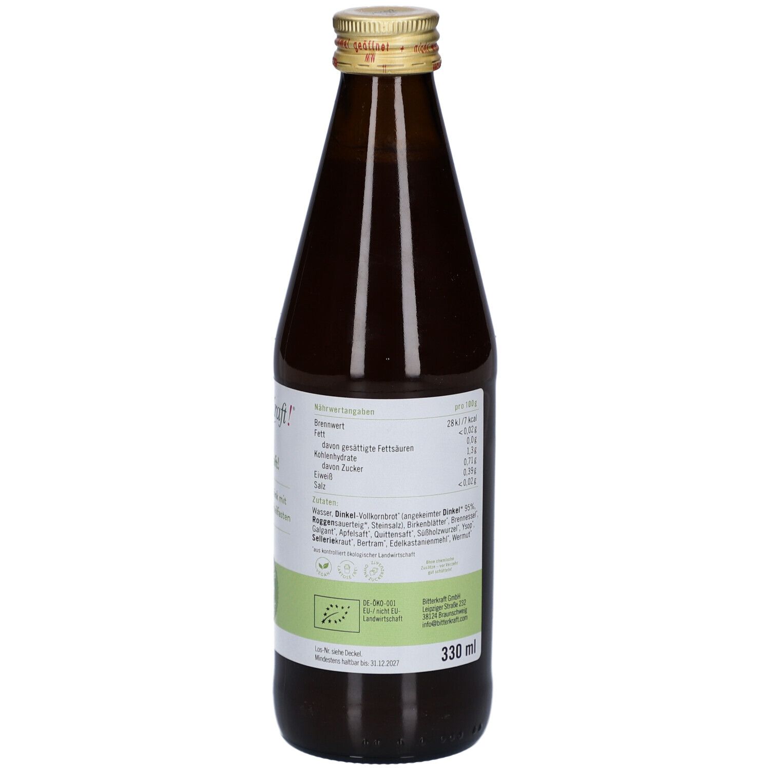 Braune Glasflasche mit goldfarbenem Deckel. Aufschrift: BitterKraft! BasenKraft! 330 ml. Bio-Siegel.