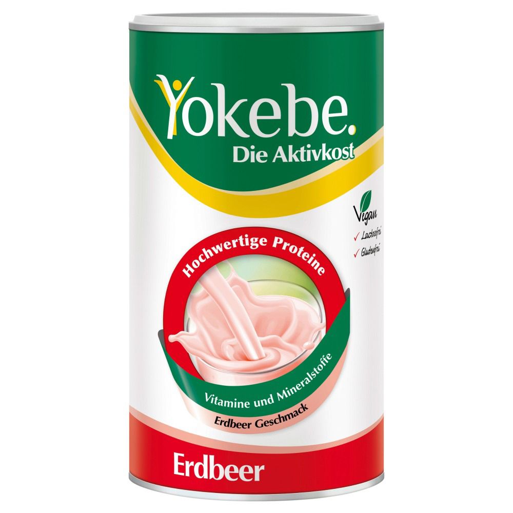 Dose Yokebe Erdbeer. Grün-weiß-rote Dose mit Produktabbildung und Text: Hochwertige Proteine, Vitamine und Mineralstoffe, Erdbeer Geschmack.