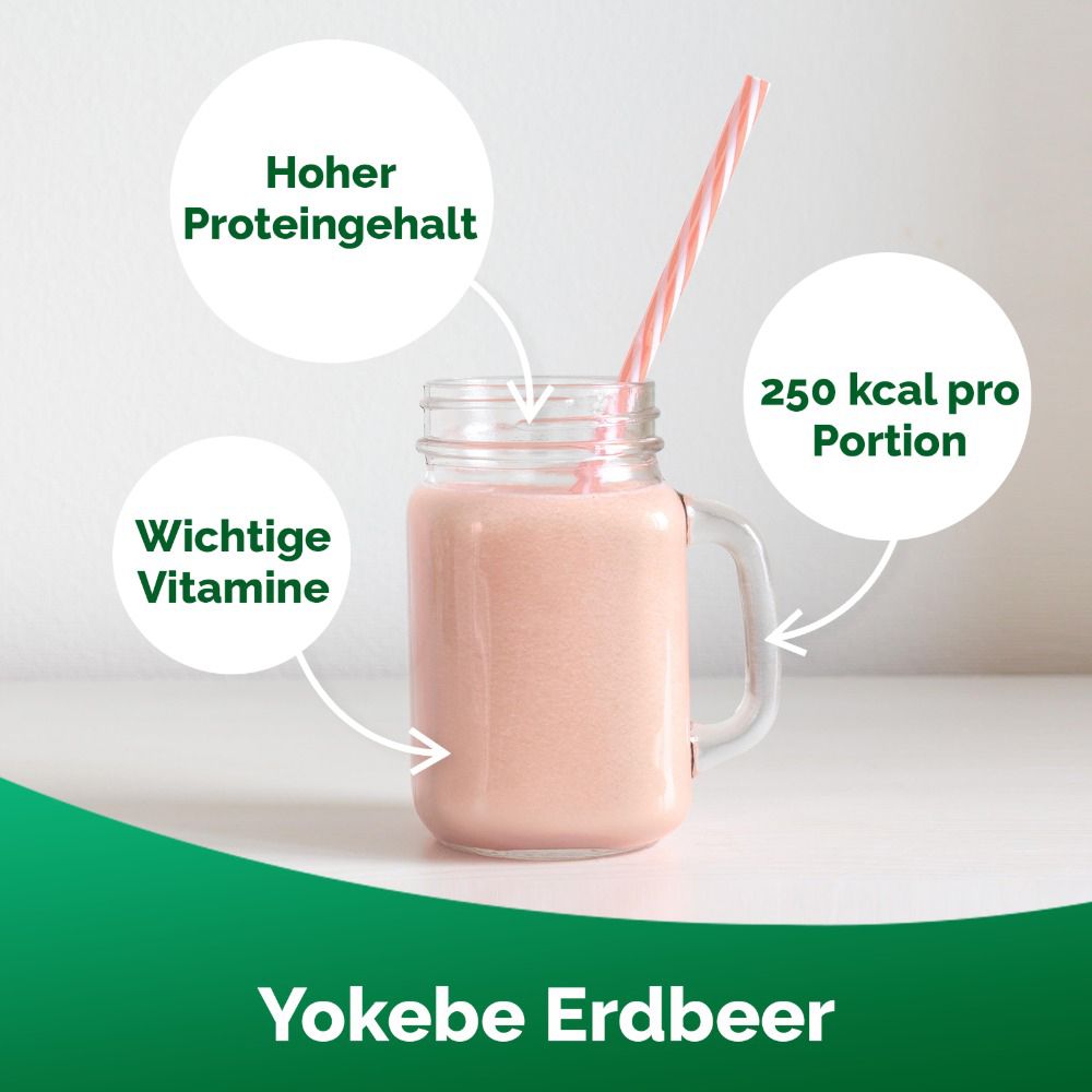 Erdbeer-Shake im Glas. Hoher Proteingehalt, wichtige Vitamine, 250 kcal pro Portion. Yokebe Erdbeer.