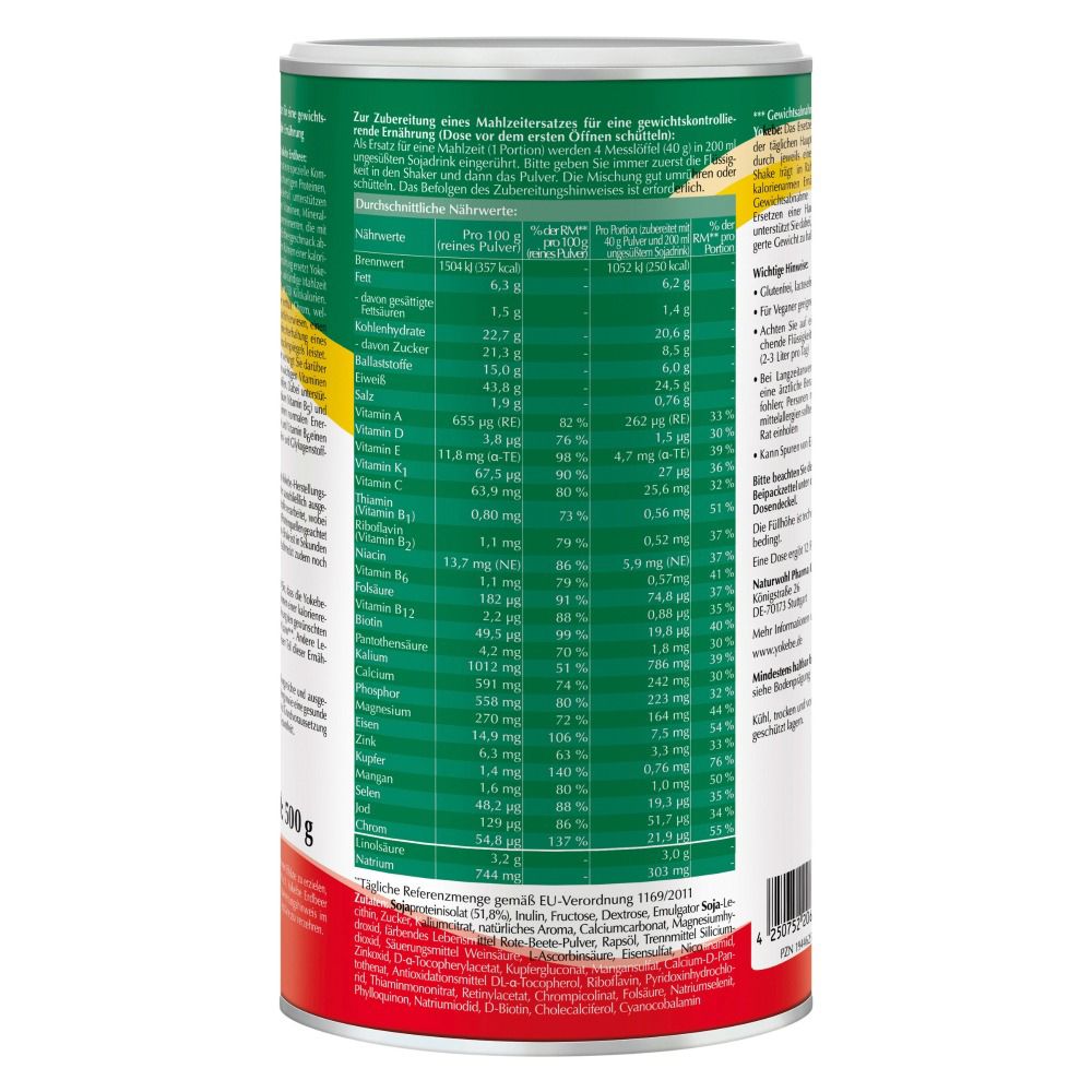 Yokebe Dose, Rückseite. Nährwerttabelle. 1300g. Inhaltsstoffe. Hinweise.