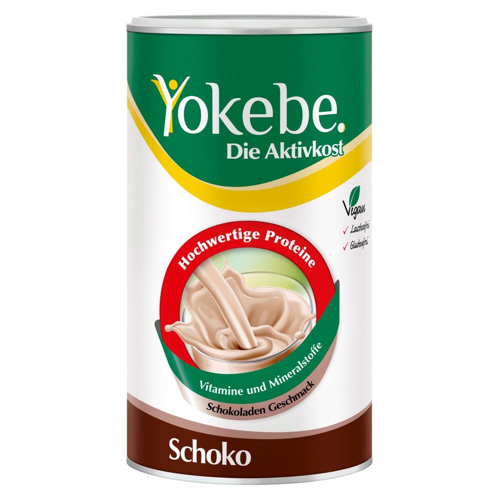 Dose Yokebe Schoko. Grün-weißes Etikett mit Produktbild und Text. Hochwertige Proteine, Vitamine, Mineralstoffe.