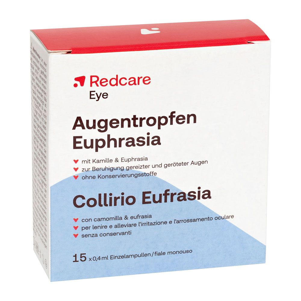 Verpackung von Augentropfen Euphrasia. Enthält 15 Einzeldosen. Marke Redcare Eye.