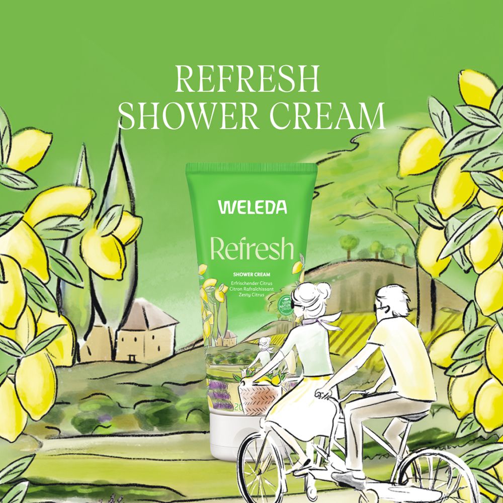 Werbebild mit Weleda Refresh Shower Cream Tube. Illustration von Zitronen und Personen auf Fahrrädern.