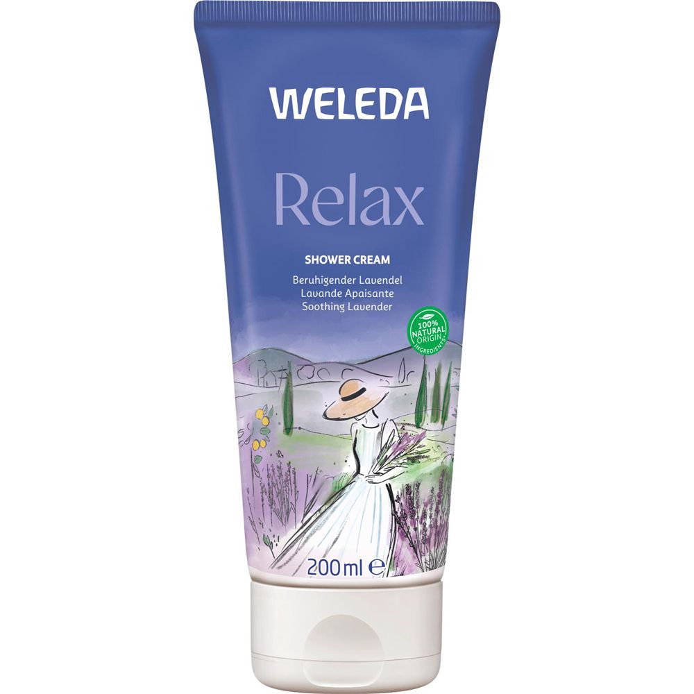 Blau-weiße Tube mit "WELEDA Relax Shower Cream". Illustration einer Frau mit Hut in Lavendelfeld. 100% Natural-Siegel.