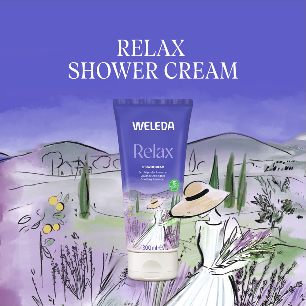 Werbebild: Tube "Weleda Relax Shower Cream" vor Landschaft. Text: RELAX SHOWER CREAM. Illustration einer Frau mit Hut und Lavendel.