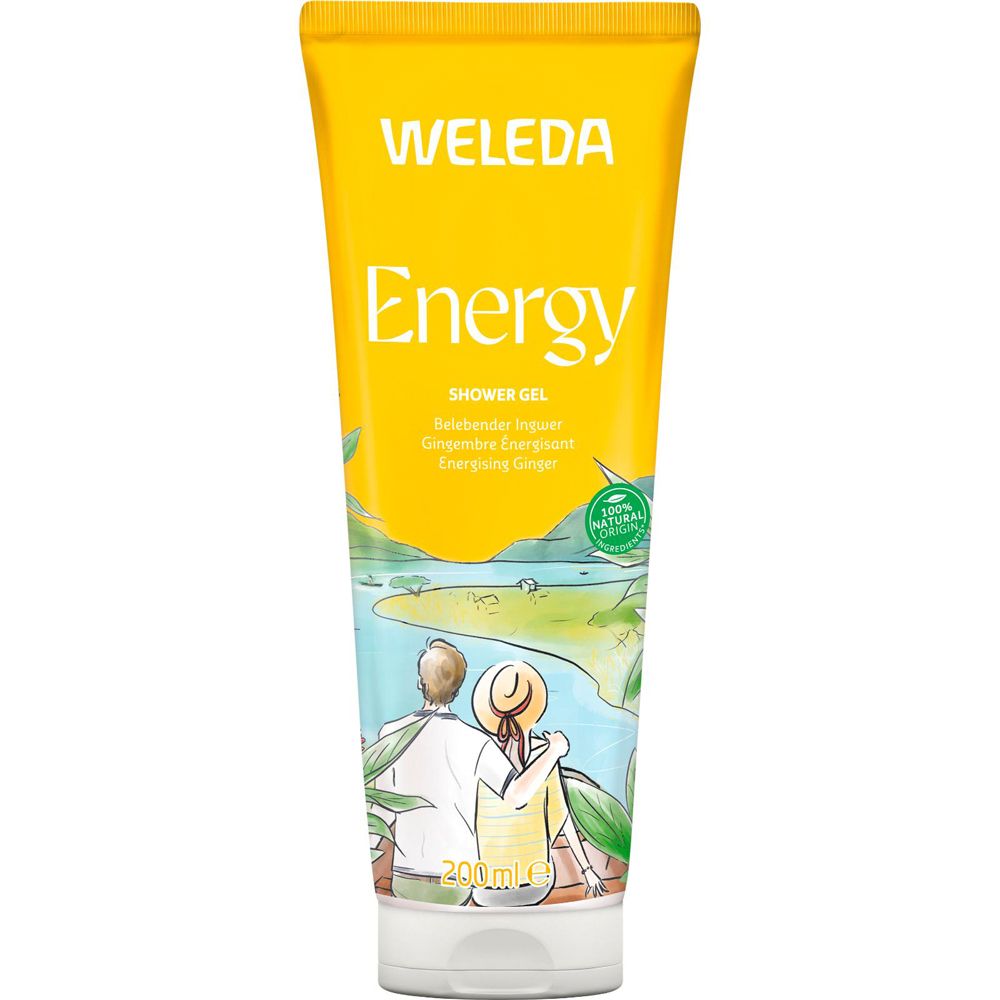 Gelbe Tube mit weißem Deckel. Aufschrift: WELEDA, Energy, Shower Gel. Illustration: Paar am Fluss. 100% Natural.