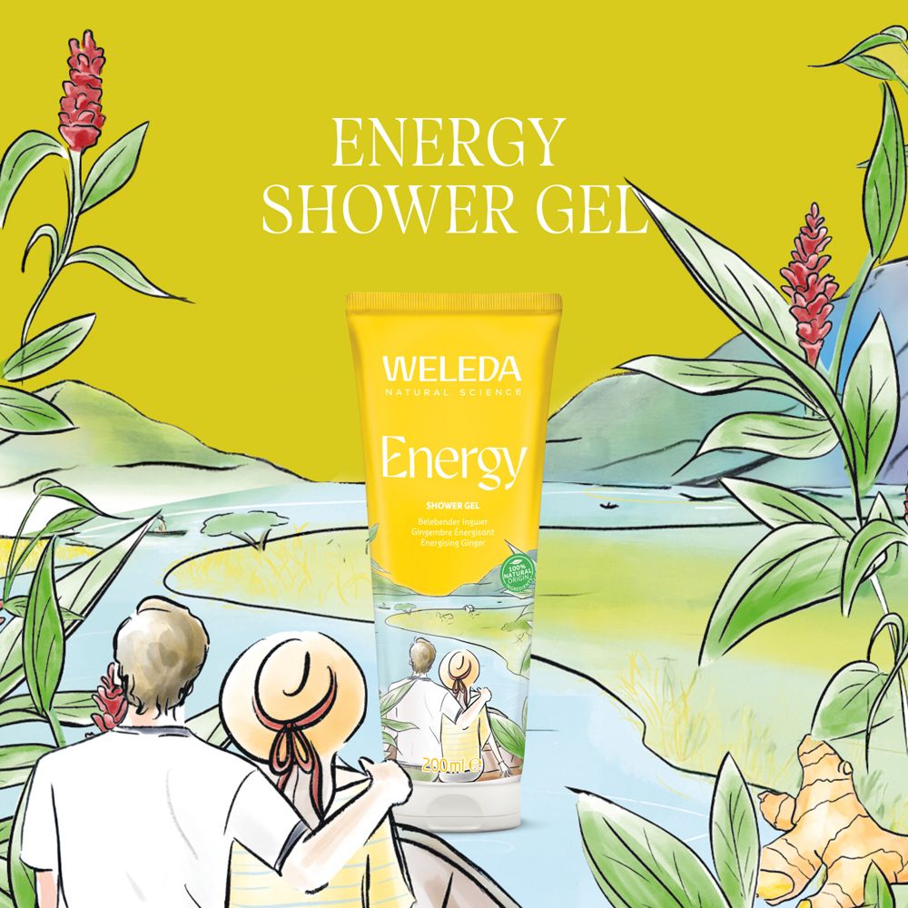 Gelbe Tube im Illustration. Aufschrift: ENERGY SHOWER GEL, WELEDA, Energy. Illustration: Paar am Fluss. 200ml.