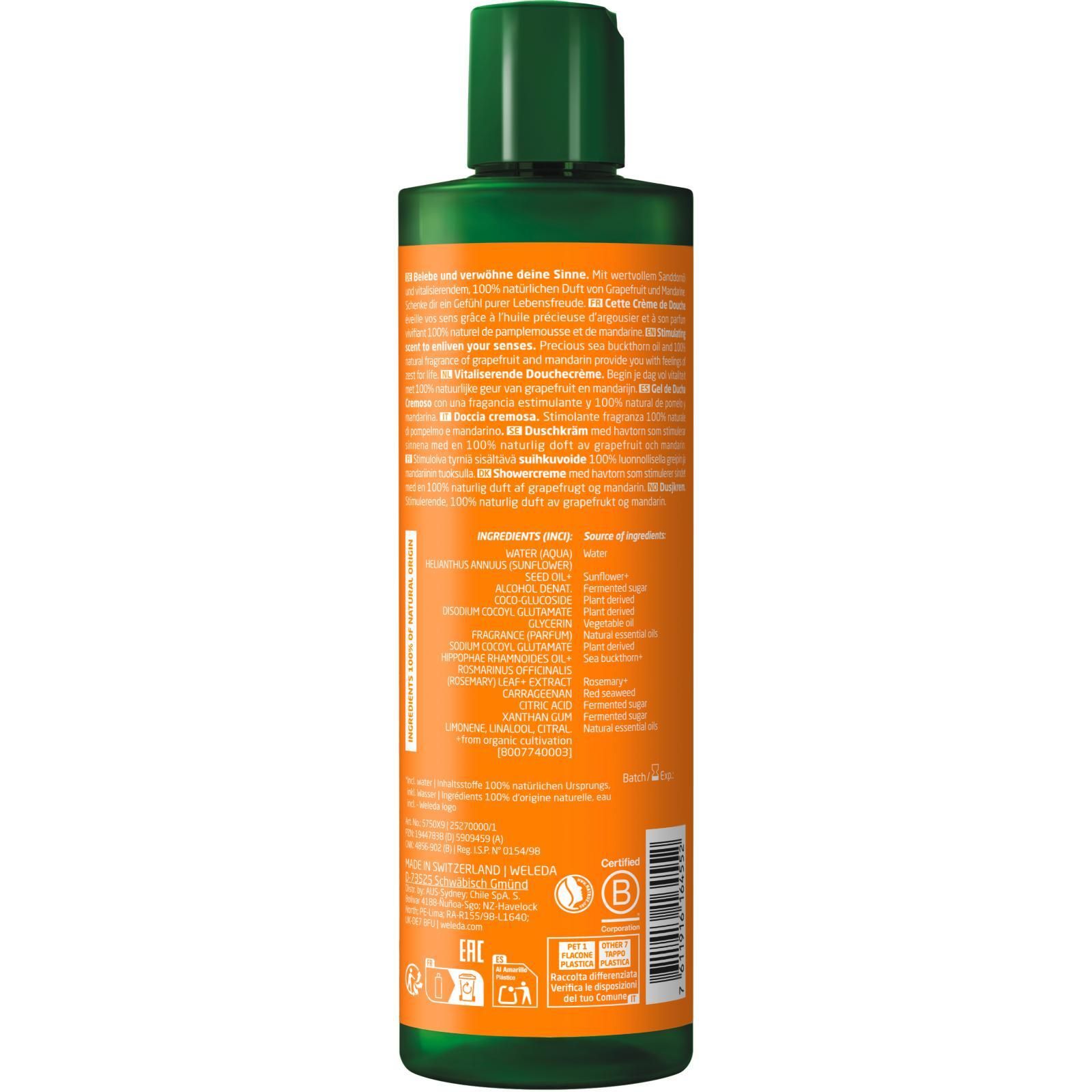 Rückseite der Weleda Vitality Duschcreme Sanddorn. Enthält Text in mehreren Sprachen. Inhaltsstoffe und Zertifizierungen.