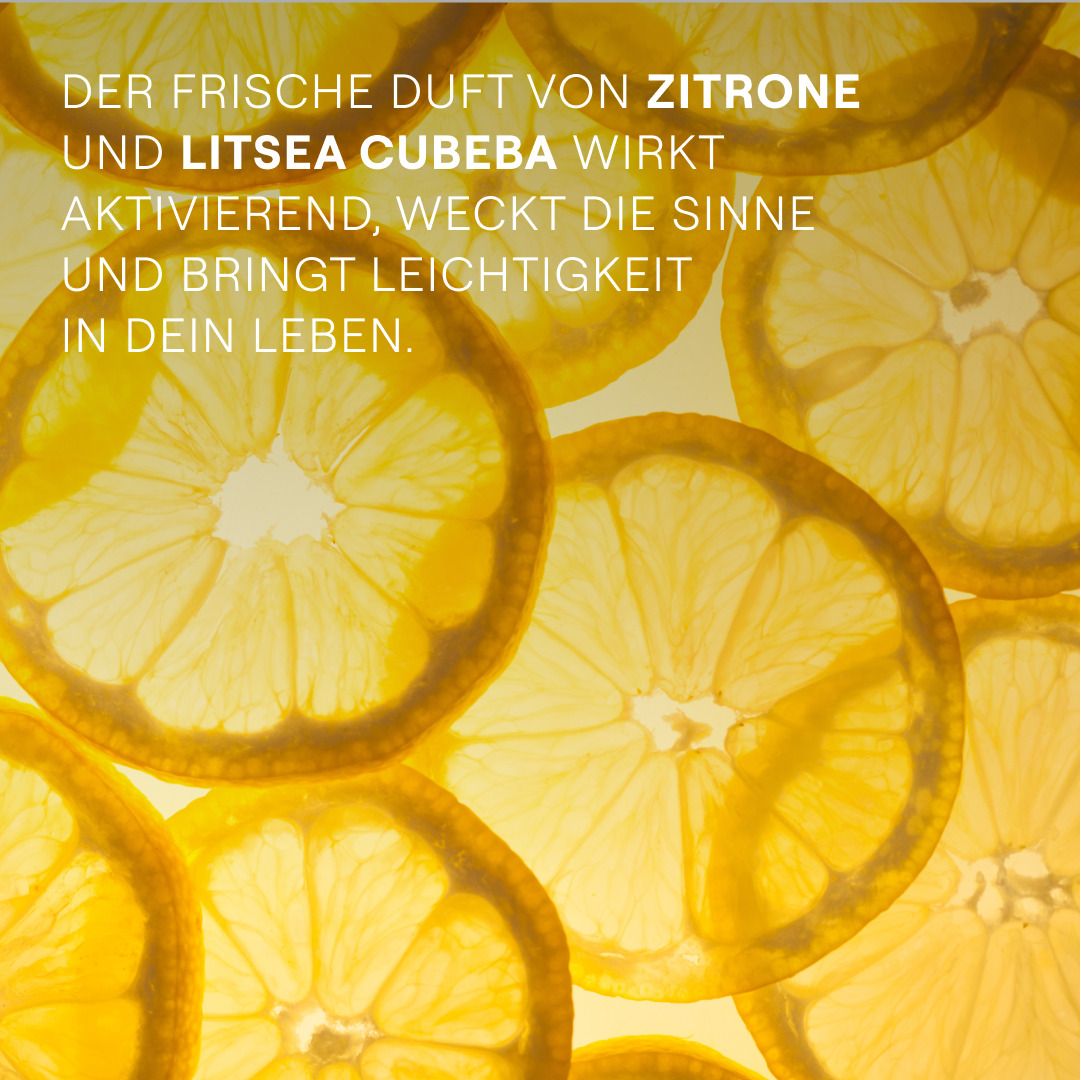 Nahaufnahme von Zitronenscheiben. Text: "DER FRISCHE DUFT VON ZITRONE UND LITSEA CUBEBA..." Gelber Hintergrund.