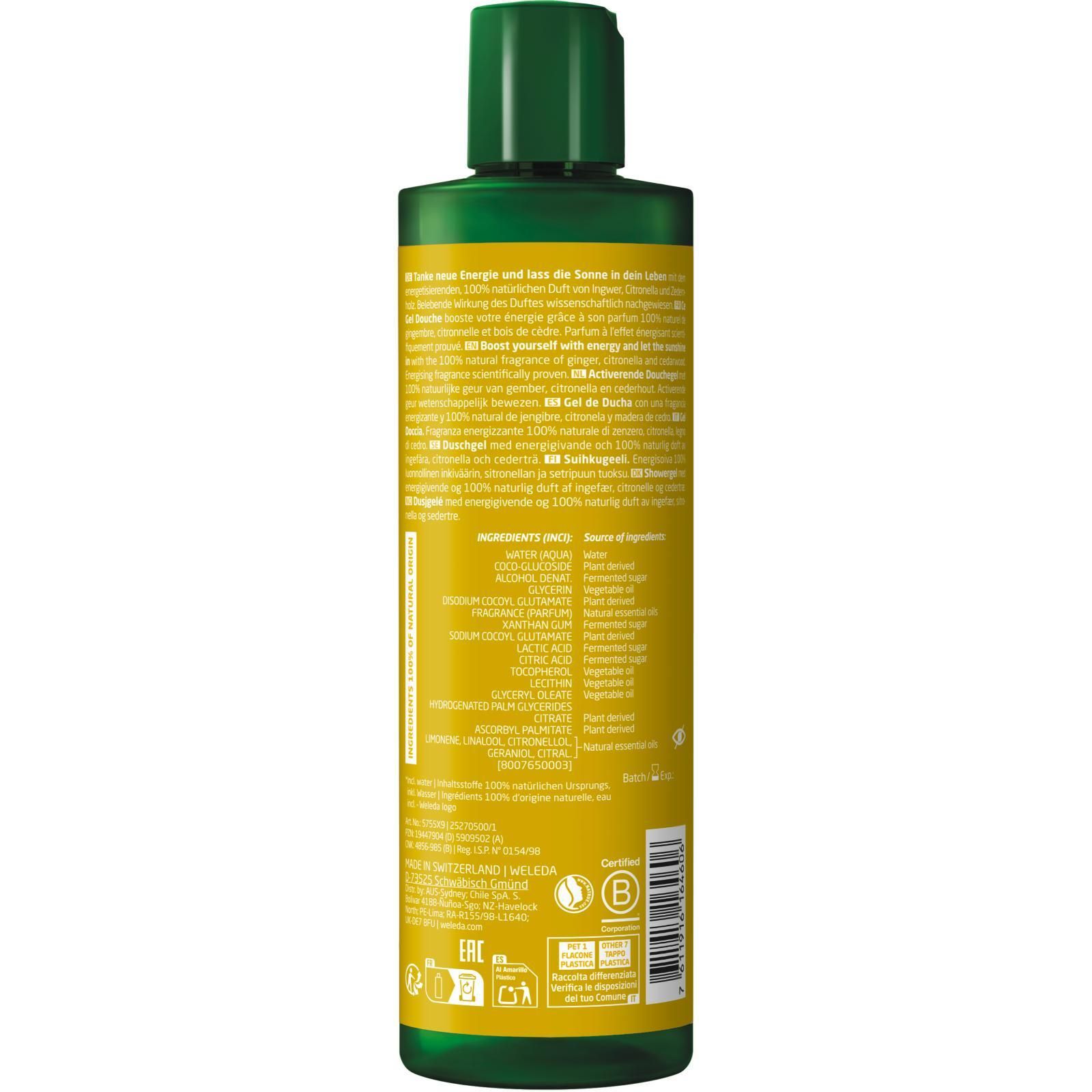 Rückseite der Weleda Energy Duschgel-Flasche. Text in mehreren Sprachen. Zutatenliste. Zertifizierungen und Recycling-Symbole.