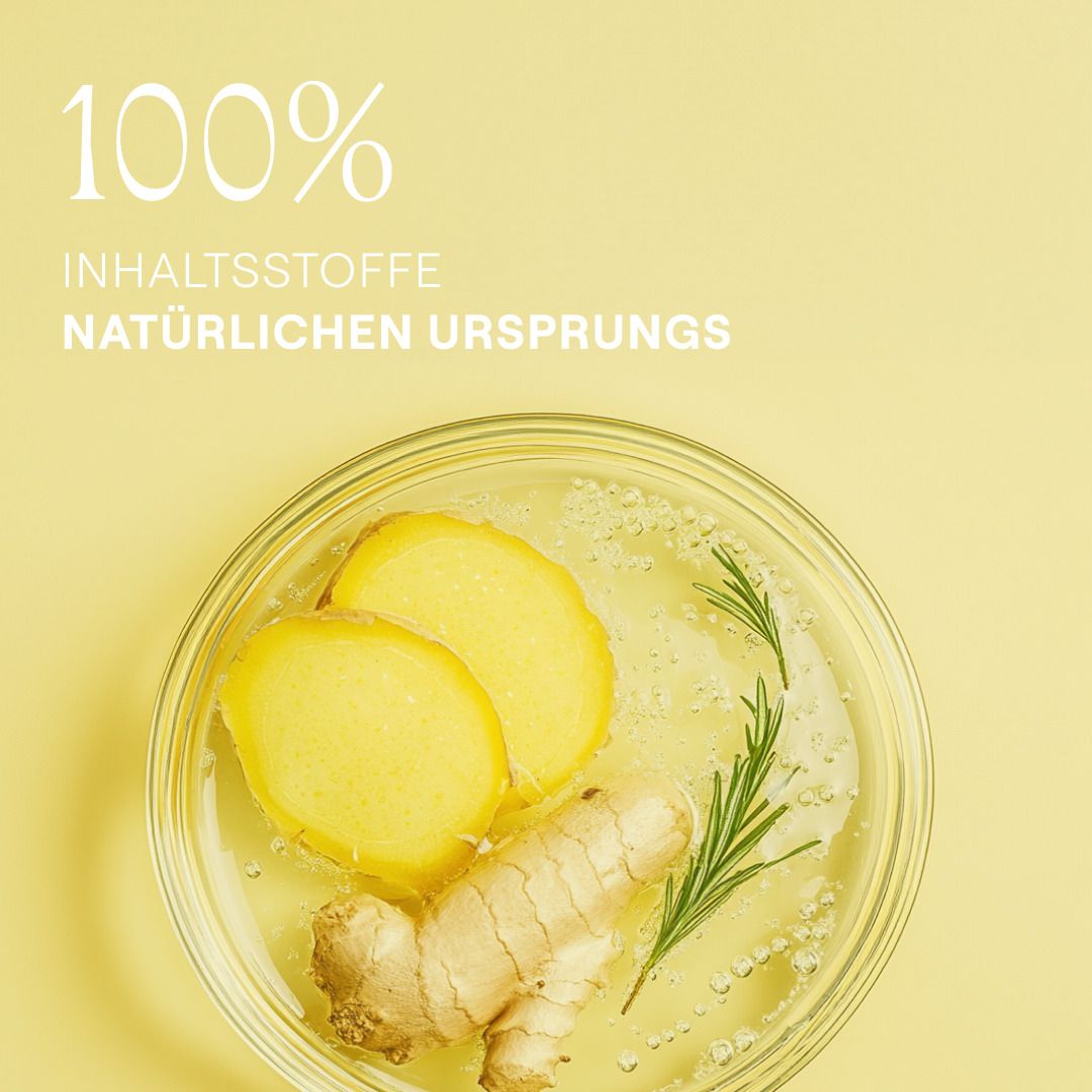 Ingwer und Rosmarin in einer Glasschale. Text: 100% Inhaltsstoffe natürlichen Ursprungs.