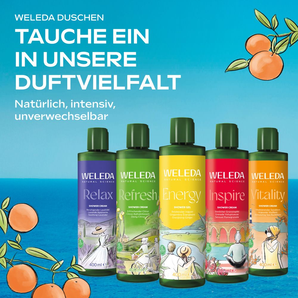 Werbebild mit verschiedenen Duschgels. Aufschrift: WELEDA. Flaschen mit unterschiedlichen Farben.