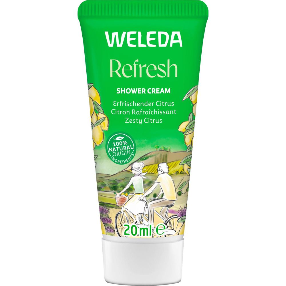 Grüne Tube mit "WELEDA Refresh Shower Cream". Illustration: Radfahrer. "100% Natural Origin". 20ml.