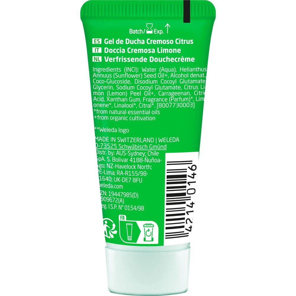 Rückseite der grünen Tube. Text: "Gel de Ducha Cremoso Citrus", Inhaltsstoffe, Logo, Herkunft, Chargennummer.