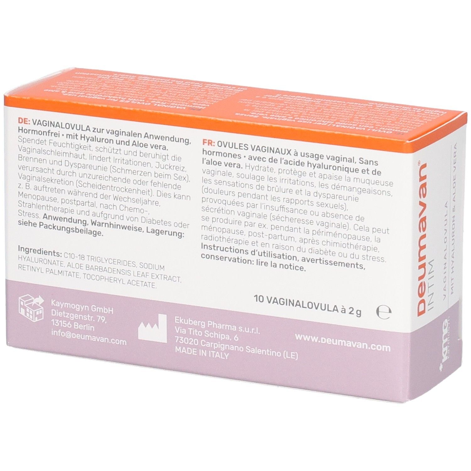 Rückseite der Deumavan INTIM Vaginalovula Packung mit Inhaltsstoffen und Herstellerinformationen.