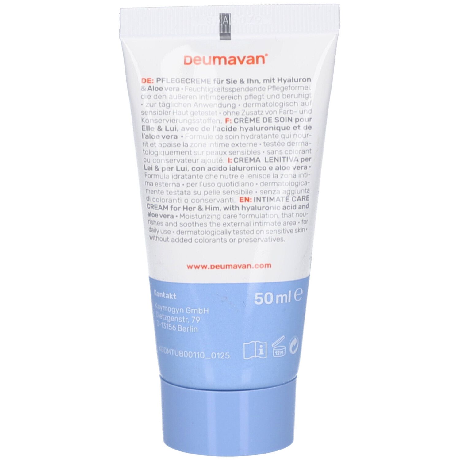 Rückseite der Creme-Tube. Text in Deutsch, Englisch, Französisch und Italienisch. Enthält Informationen zum Produkt.