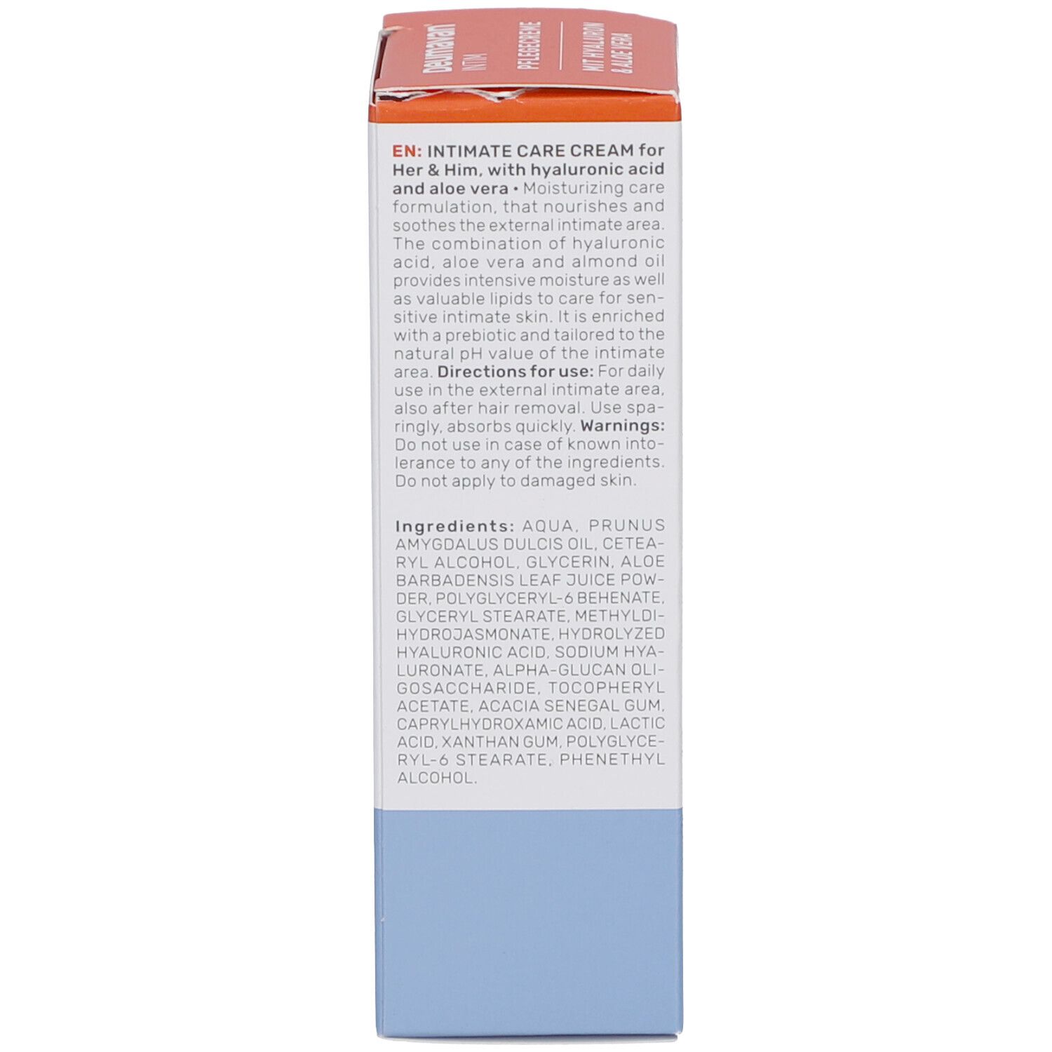 Rückseite der Kartonverpackung. Text in Englisch. Enthält Informationen zu Inhaltsstoffen und Anwendung.