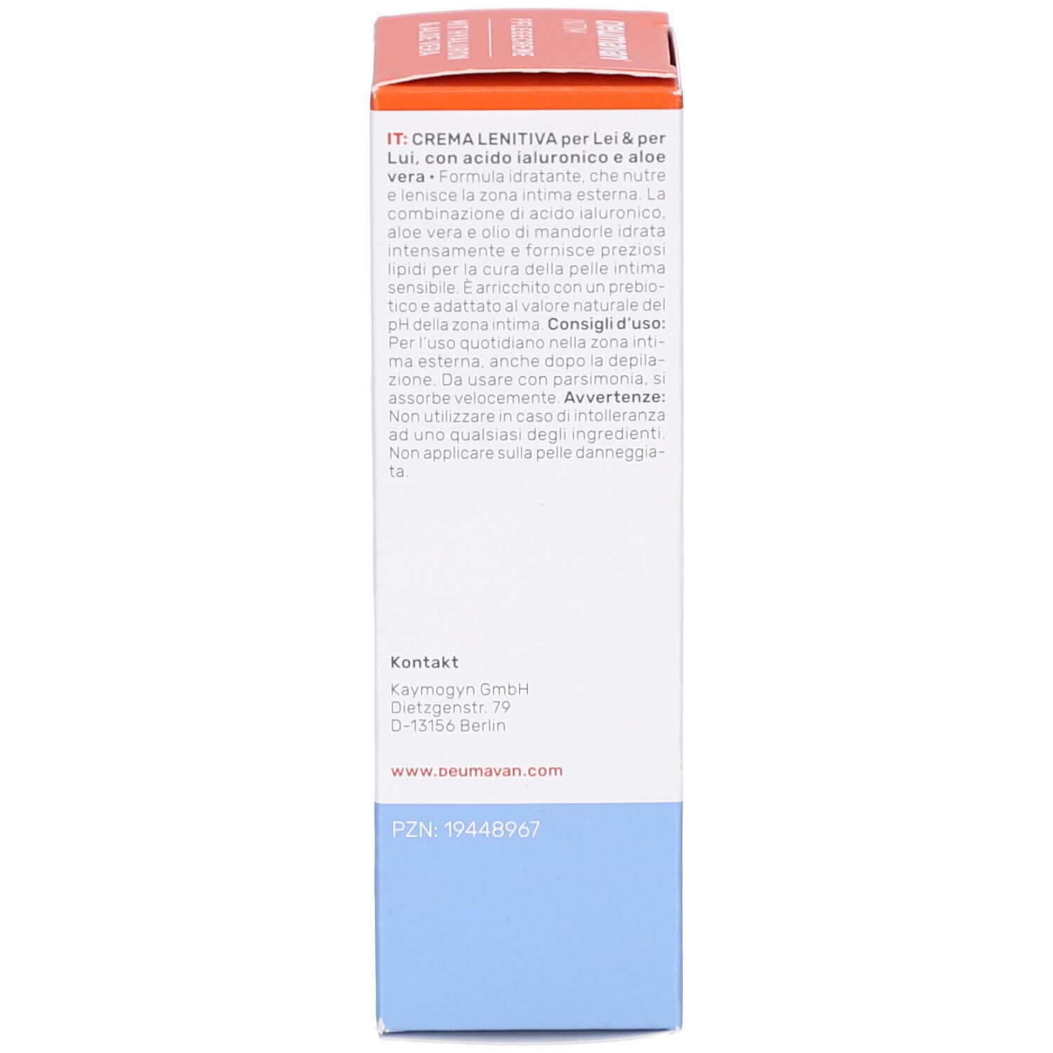 Rückseite der Kartonverpackung. Text in Italienisch. Enthält Informationen zum Produkt und Kontakt.