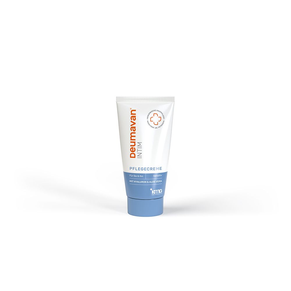 Deumavan Intim Pflegecreme Tube mit blauem Deckel und weißem Körper.