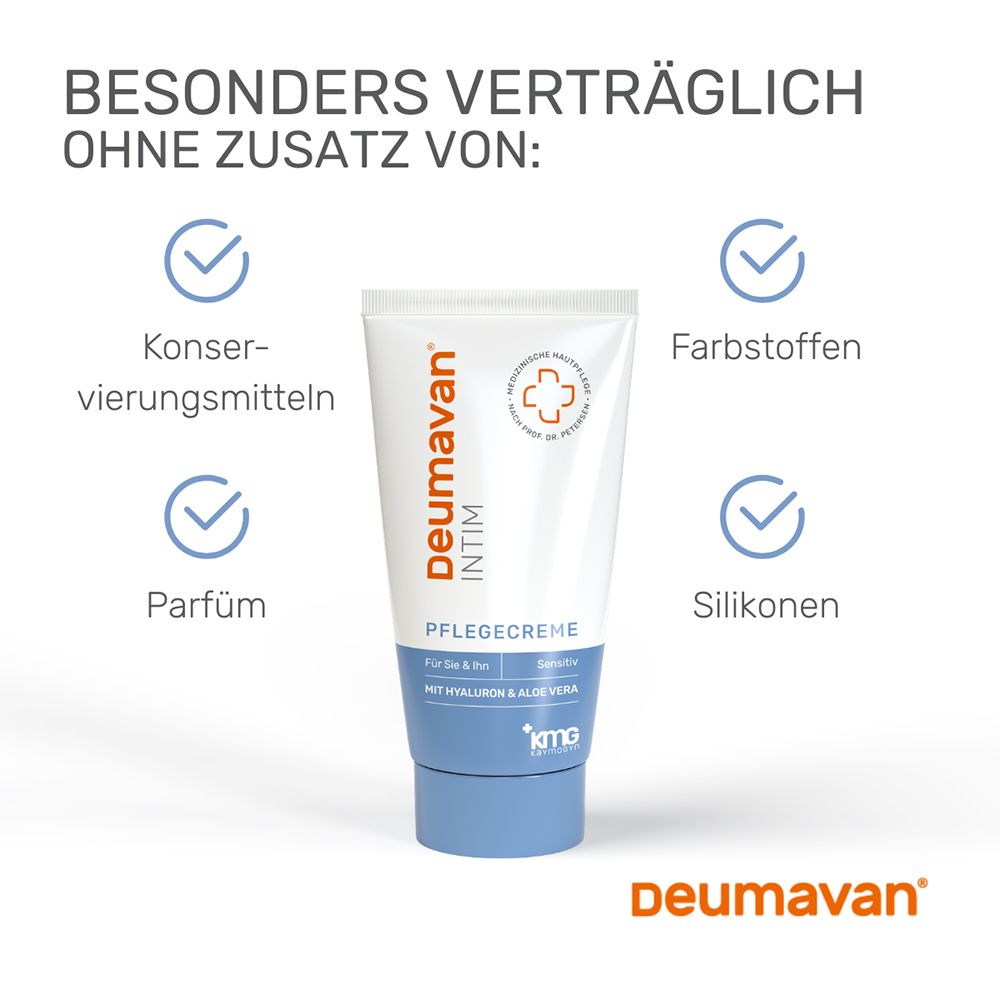 Deumavan Intim Pflegecreme Tube, frei von Konservierungsmitteln, Parfüm, Farbstoffen und Silikonen.