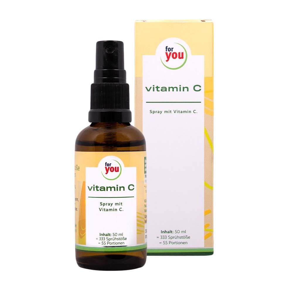 Braune Sprühflasche mit gelbem Etikett, Aufschrift 'for you vitamin C'. Daneben eine Verpackung mit gleicher Aufschrift.