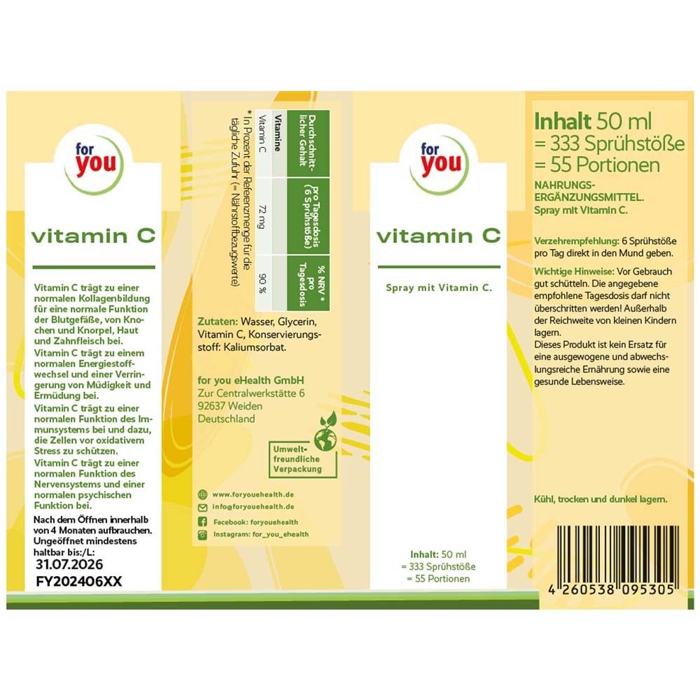 Verpackung 'for you vitamin C' mit Produktinformationen und Inhaltsangaben.