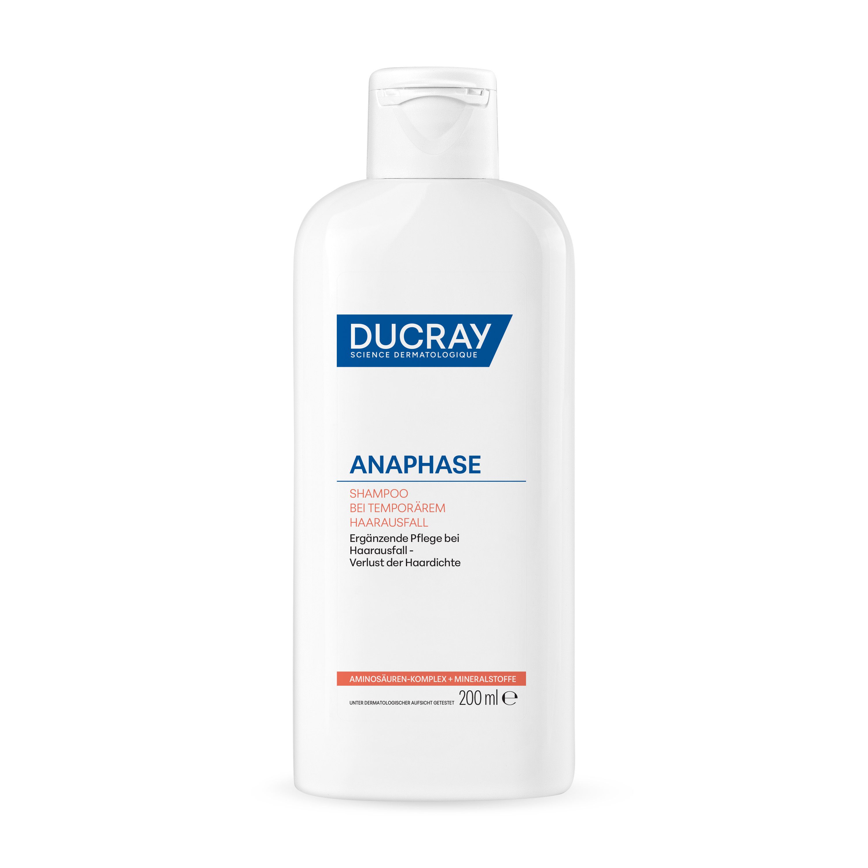 Weißes Shampoo-Flakon mit blauem Logo und Produktnamen. Text: Anaphase Shampoo bei temporärem Haarausfall. 200ml.