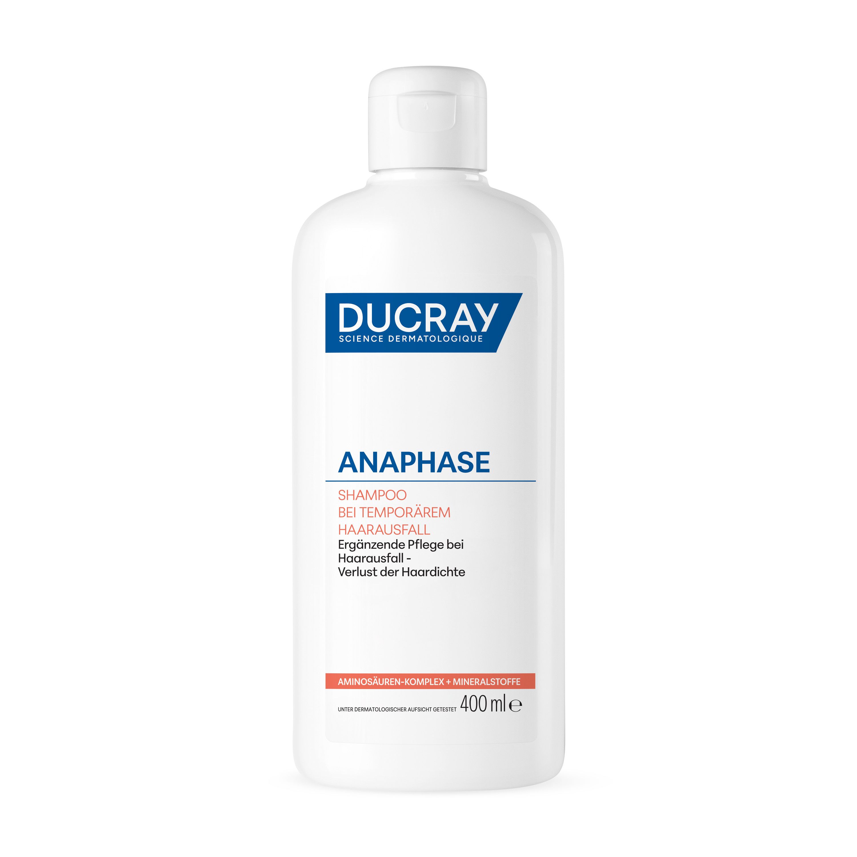 Weiße Flasche mit blauem Etikett. Aufschrift: DUCRAY, ANAPHASE, Shampoo bei temporärem Haarausfall. 400ml.