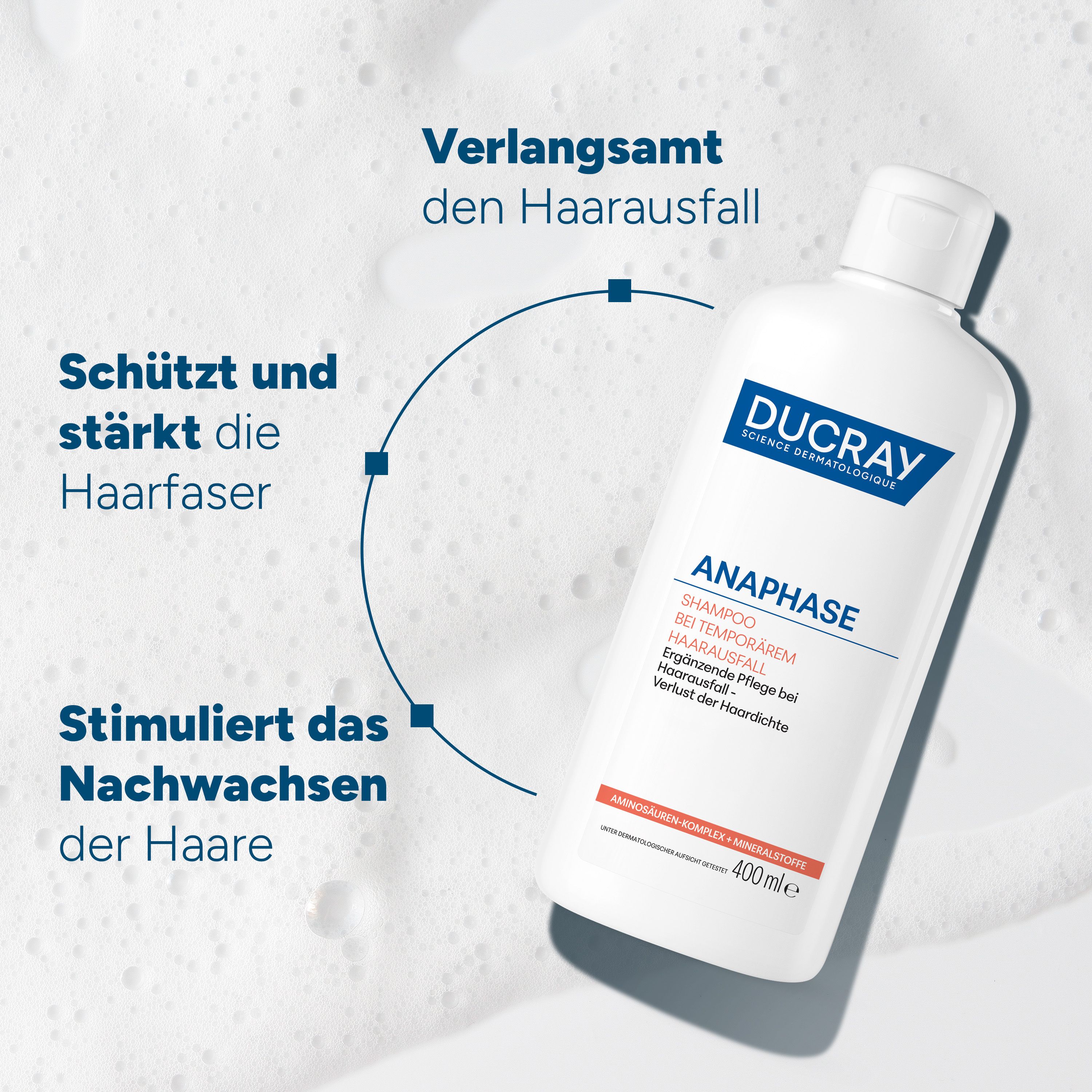 Shampoo-Flasche in Seifenblasen. Text: Verlangsamt den Haarausfall, Schützt und stärkt die Haarfaser, Stimuliert das Nachwachsen der Haare.