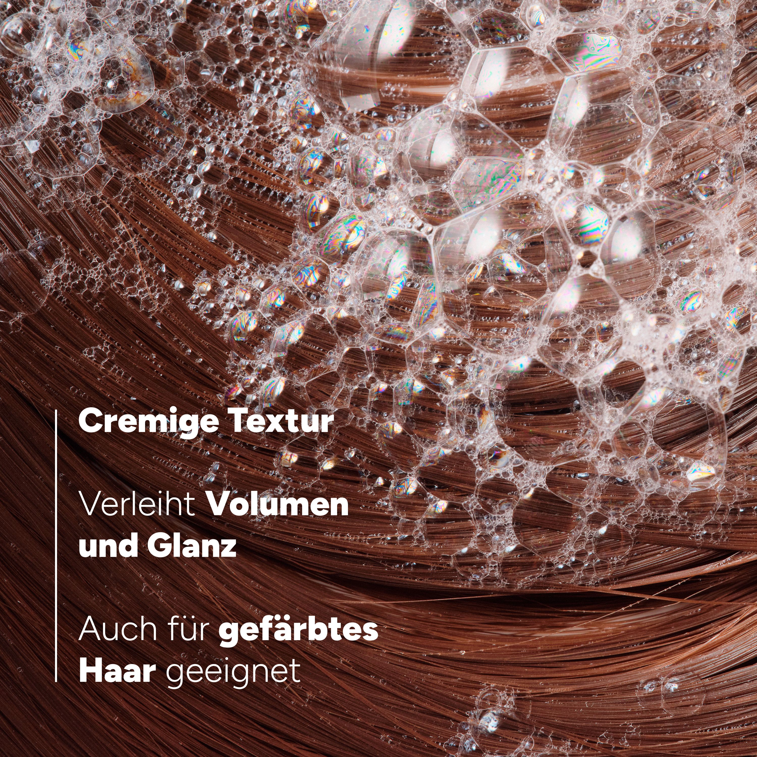 Braunes Haar mit Seifenblasen. Text: Cremige Textur, Verleiht Volumen und Glanz, Auch für gefärbtes Haar geeignet.
