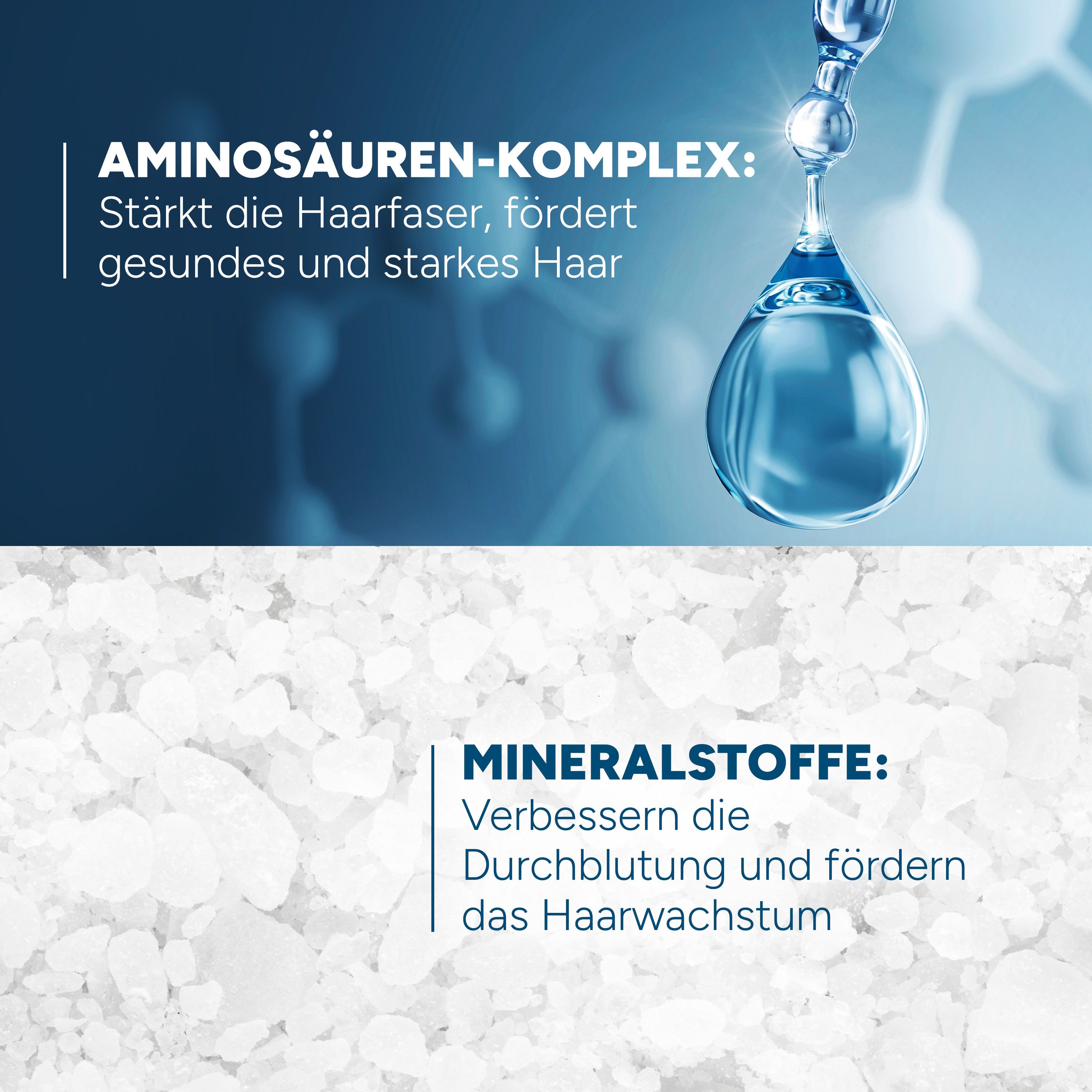 Blaue Grafik mit Tropfen und Kristallen. Text: Aminosäuren-Komplex, Mineralstoffe.