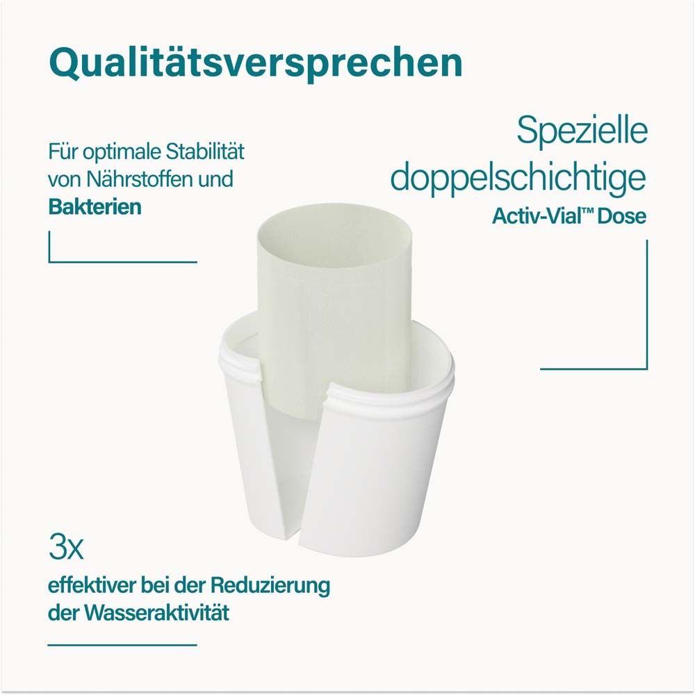 Vergleich: Dose nupure probadent forte vs. braune Flasche. Text: Vorteile.