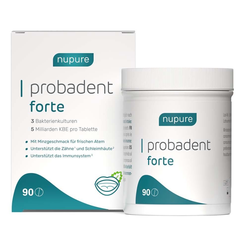 Packung und Dose von nupure probadent forte. Weiße Dose mit blauem Logo und Schriftzug. 90 Tabletten.