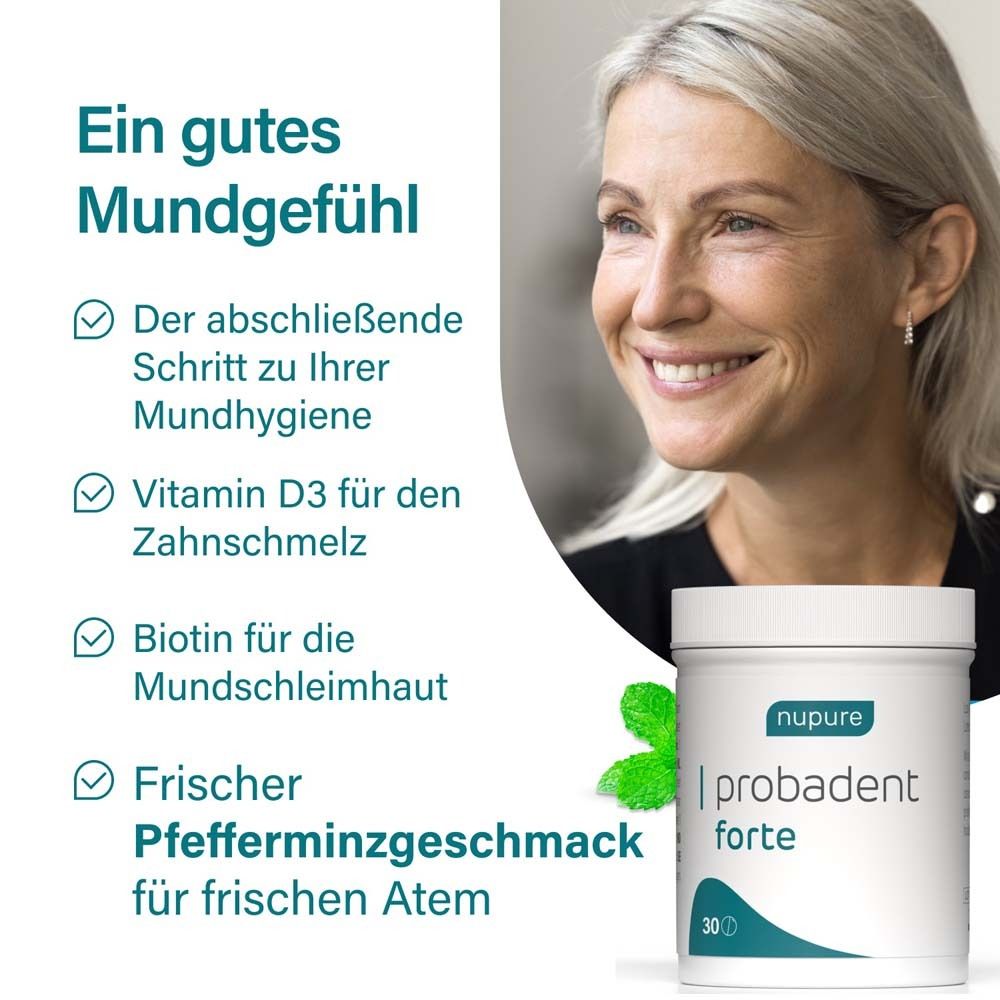 Frau lächelt. Text: Ein gutes Mundgefühl. Produkt: nupure probadent forte. 30 Tabletten. Text in deutscher Sprache.