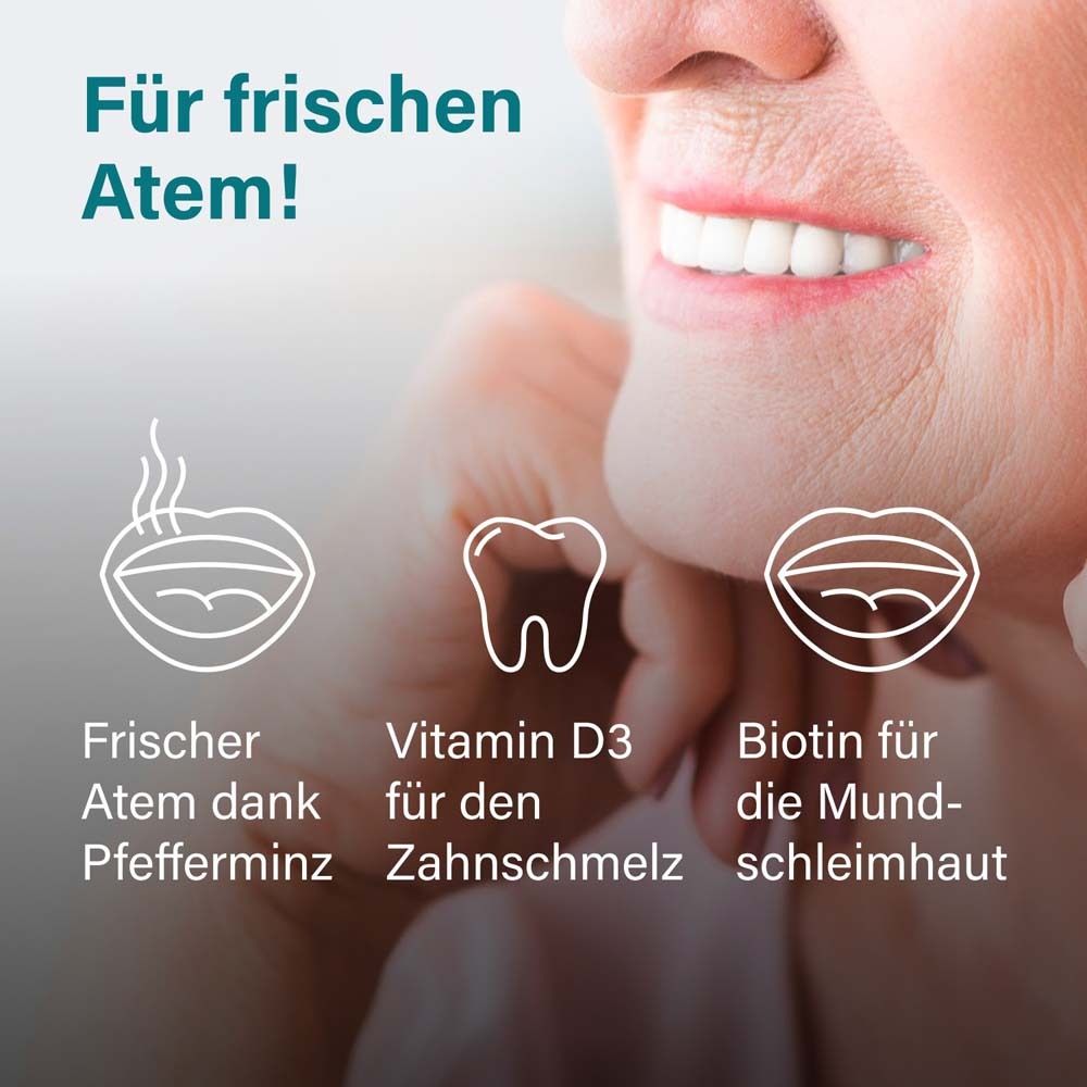Text: Für frischen Atem! Grafiken: Mund, Zahn, Mund. Text: Vitamin D3, Biotin. Produkt: nupure probadent forte.