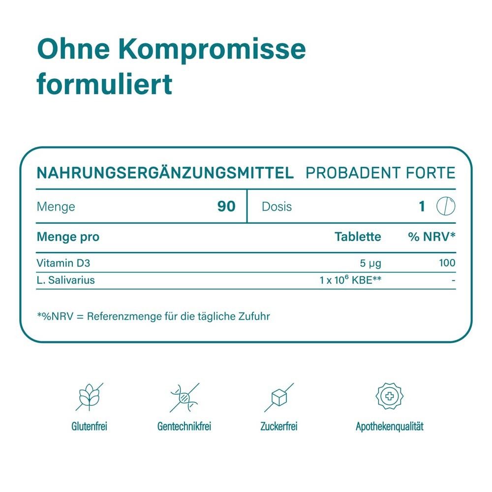 Nahrungsergänzungsmittel. Tabelle: Menge, Dosis, % NRV. Text: Glutenfrei, Gentechnikfrei, Zuckerfrei, Apothekenqualität.