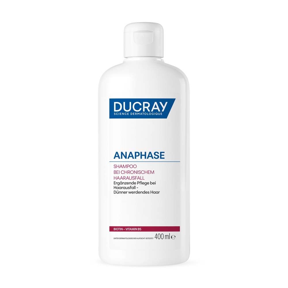 Weiße Shampoo-Flasche mit blauem Etikett. Aufschrift: DUCRAY, ANAPHASE, Shampoo bei chronischem Haarausfall. 400 ml.