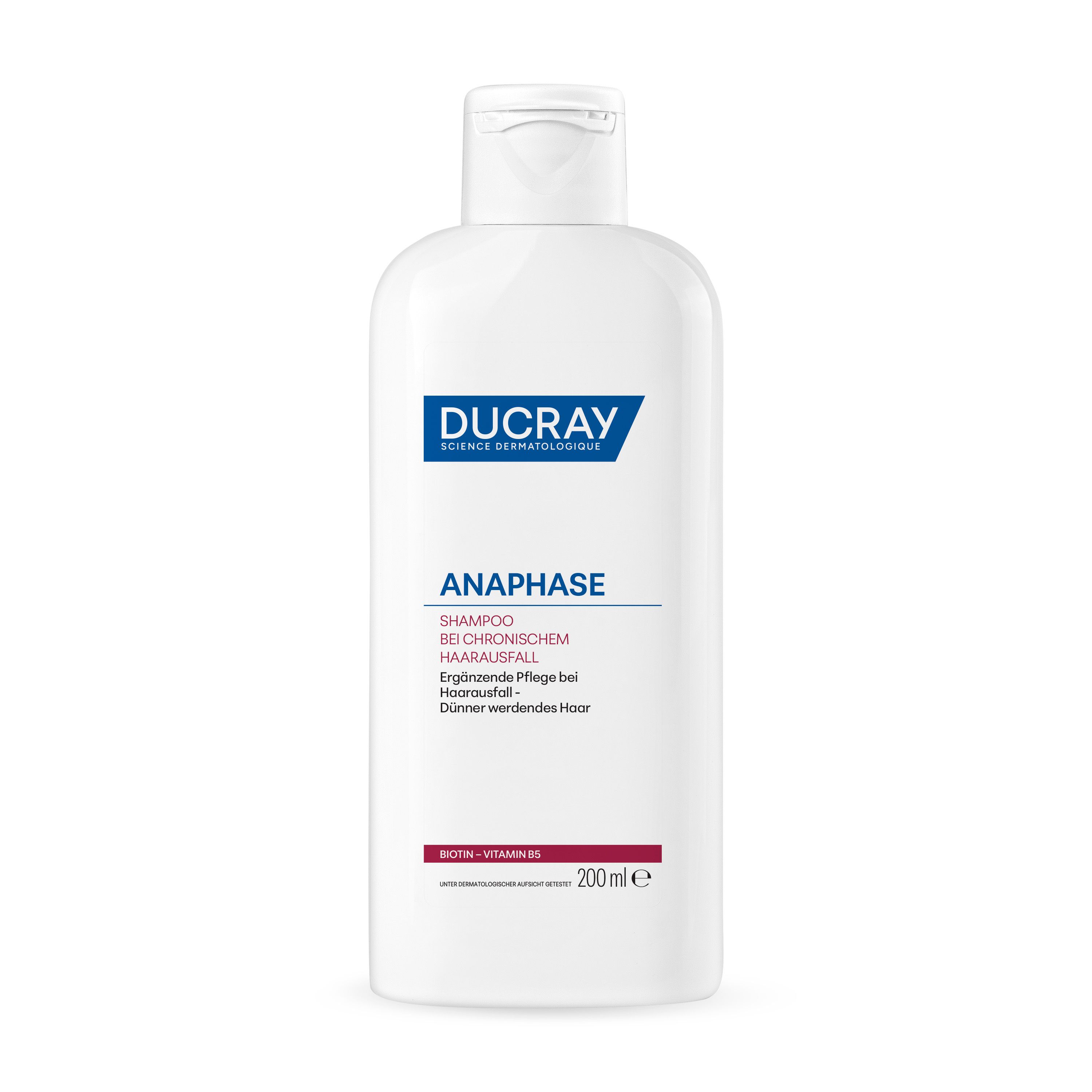 Weißes Shampoo-Fläschchen mit Klappverschluss. Aufschrift: DUCRAY, ANAPHASE, Shampoo bei chronischem Haarausfall.