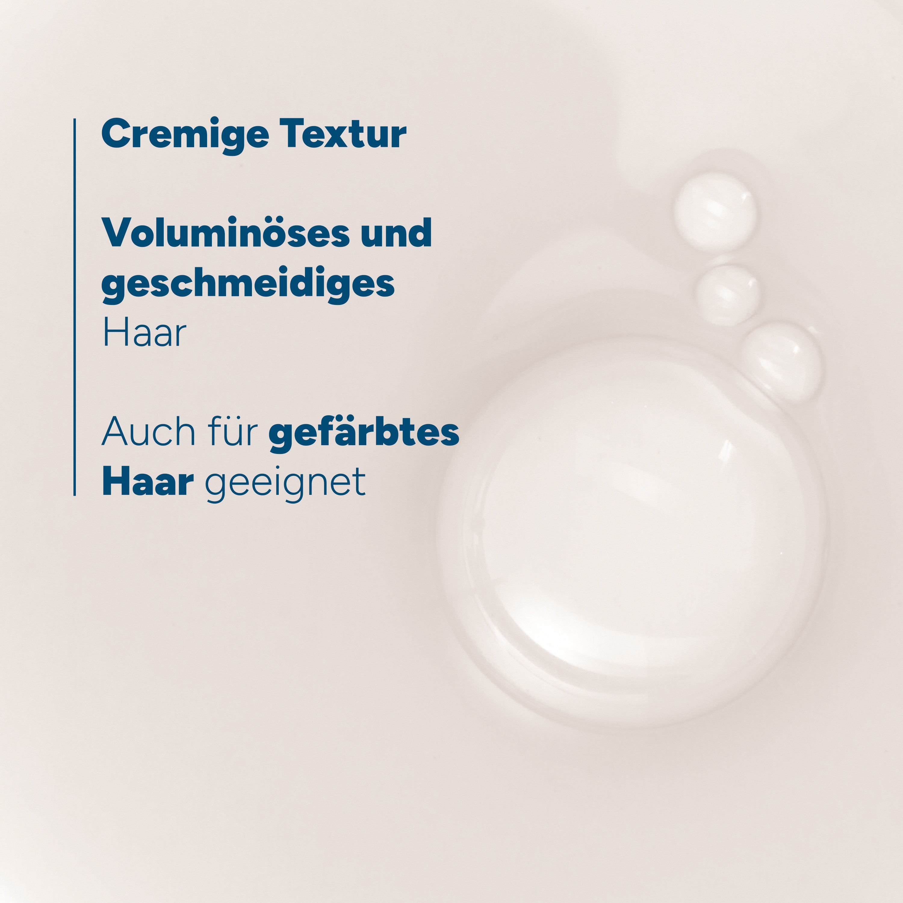 Text: Cremige Textur. Voluminöses und geschmeidiges Haar. Auch für gefärbtes Haar geeignet.