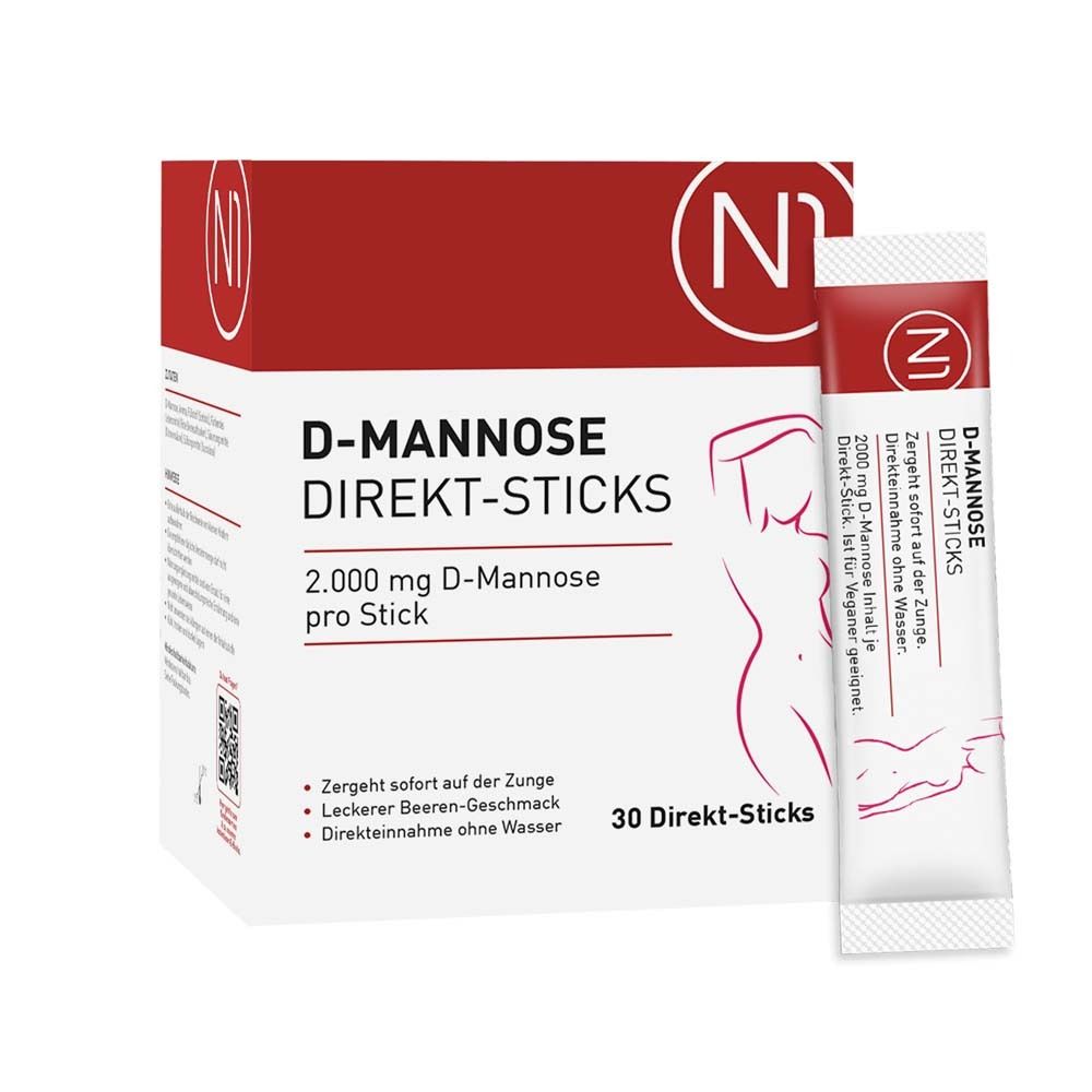 Weiße Schachtel mit rotem Deckel. Aufschrift: D-MANNOSE DIREKT-STICKS, 2.000 mg pro Stick. Einzelstick und Umriss einer Frau.