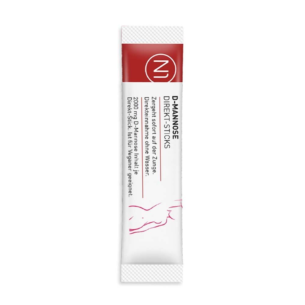 Weißer Stick mit rotem Streifen. Aufschrift: D-MANNOSE DIREKT-STICKS, 2.000 mg. Umriss einer Frau. Für Veganer geeignet.