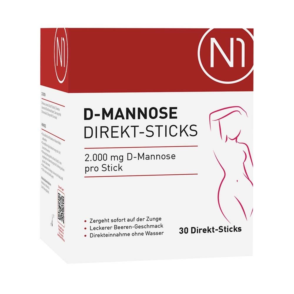 Weiße Schachtel mit rotem Deckel. Aufschrift: D-MANNOSE DIREKT-STICKS, 2.000 mg pro Stick. 30 Direkt-Sticks. Umriss einer Frau.