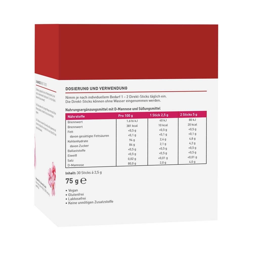 Rückseite der weißen Schachtel. Informationen zu Dosierung, Nährwerten und Inhaltsstoffen. 30 Sticks à 2,5 g. Vegan, glutenfrei, laktosefrei.