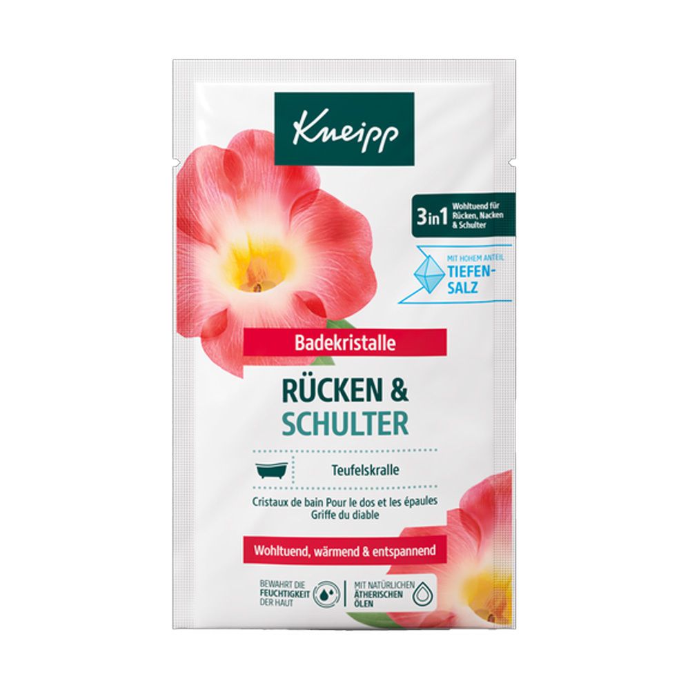 Kneipp Badekristalle Rücken & Schulter. Weiße Verpackung mit floralem Design. Produktname und Marke deutlich sichtbar. Enthält Tiefensalz.