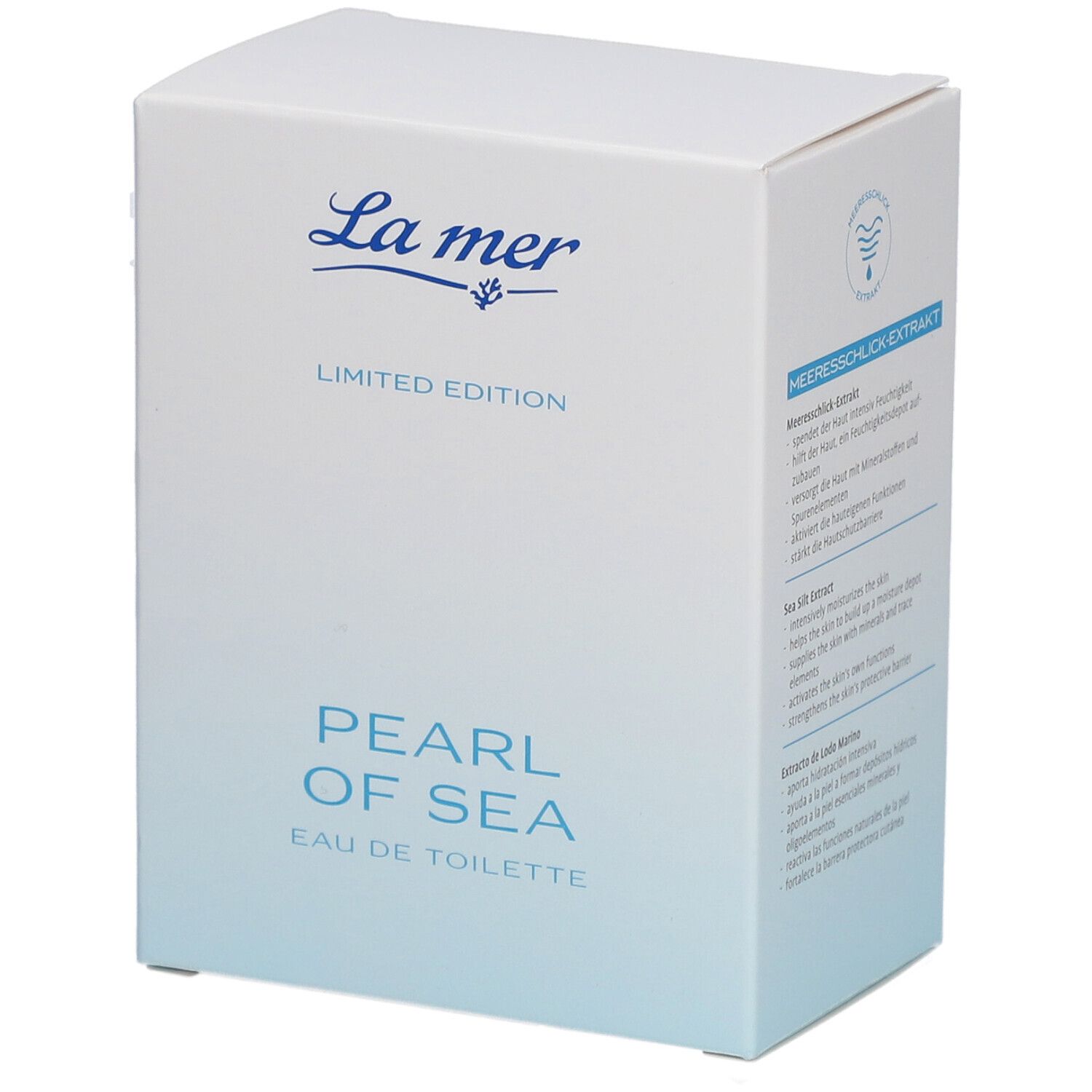 Weiße Kartonverpackung mit blauem Farbverlauf. Aufschrift: La mer, Limited Edition, Pearl of Sea Eau de Toilette.