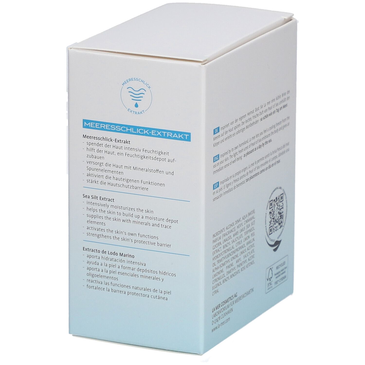 Weiße Kartonverpackung mit blauem Farbverlauf. Text über Meeresschlick-Extrakt und Inhaltsstoffe.