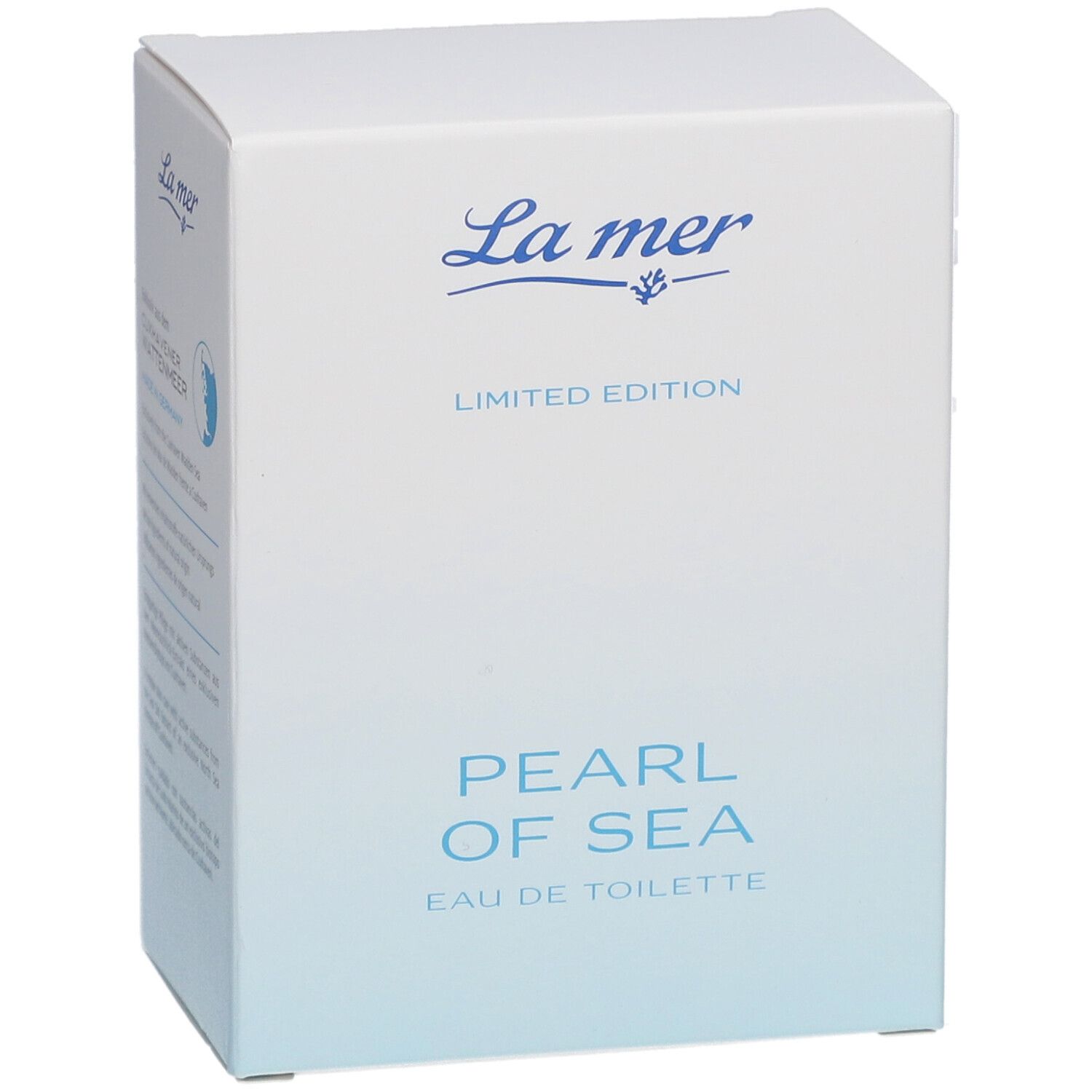 Weiße Kartonverpackung mit blauem Farbverlauf. Aufschrift: La mer, Limited Edition, Pearl of Sea Eau de Toilette.