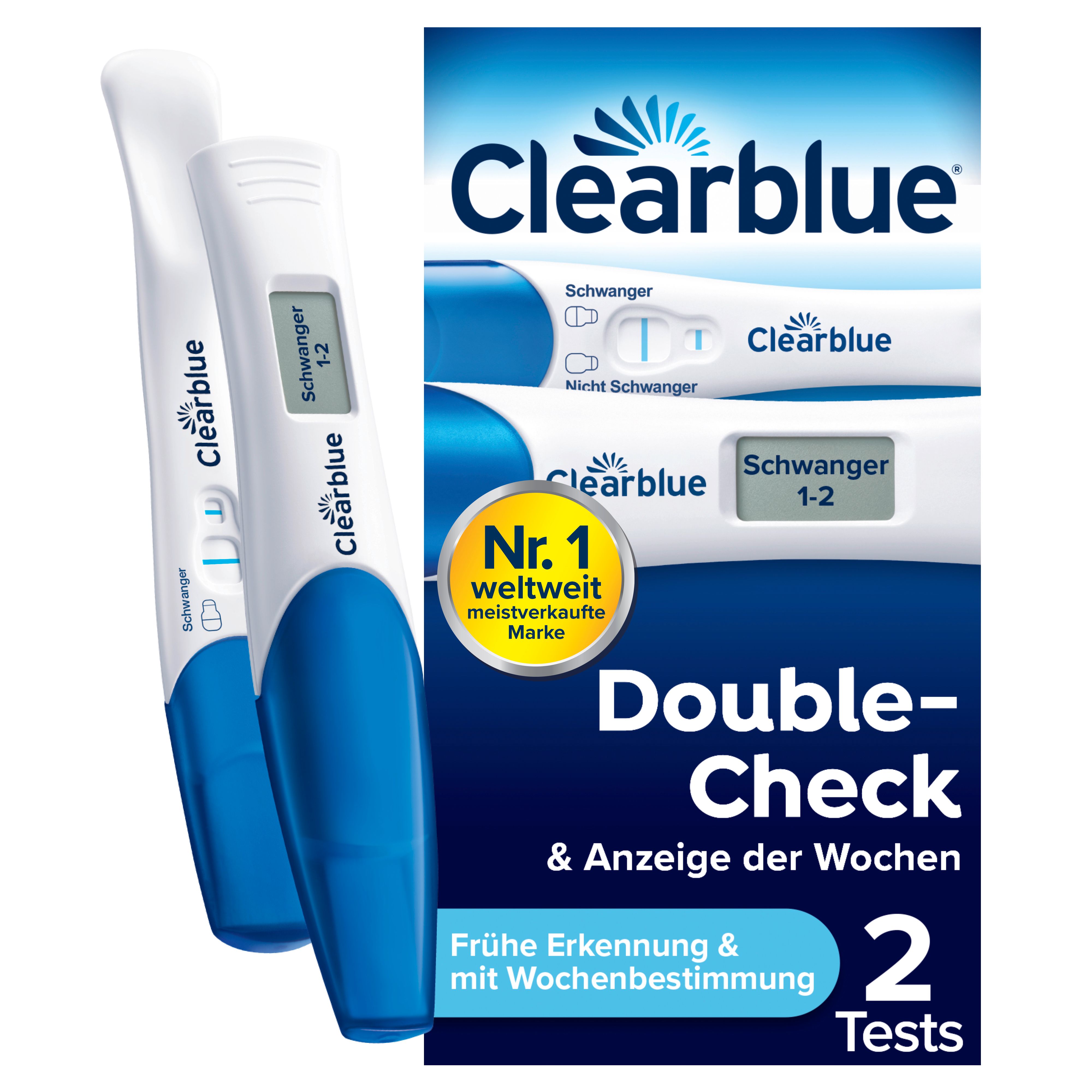 Zwei Clearblue Schwangerschaftstests mit blauen Griffen und Verpackung. Auf der Verpackung steht "Double-Check & Anzeige der Wochen".